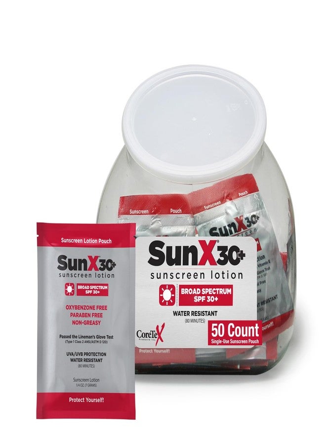 CoreTex Sun X 30+ SPF Broad Spectrum Sunscreen Packets - Fishbowl Pack of 50 Paraben, Oxybenzone, Octinoxate, & Oil Free Sunscreen - No White Cast and Water & Sweat Resistant Up to 80 Minutes - Image 1