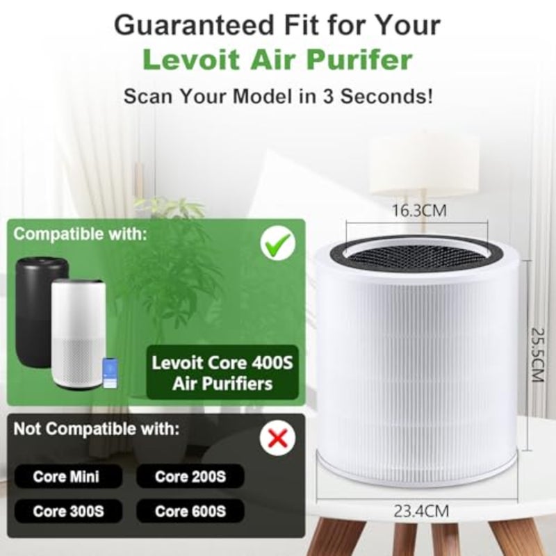 فلتر بديل لجهاز تنقية الهواء LEVOIT Core 400S، Core 400S-RF 3 في 1، فلتر مسبق، H13 True HEPA، الكربون المنشط. تلتقط 99.97% من جزيئات بحجم 0.3 ميكرومتر. يزيل روائح دخان الغبار - Image 3