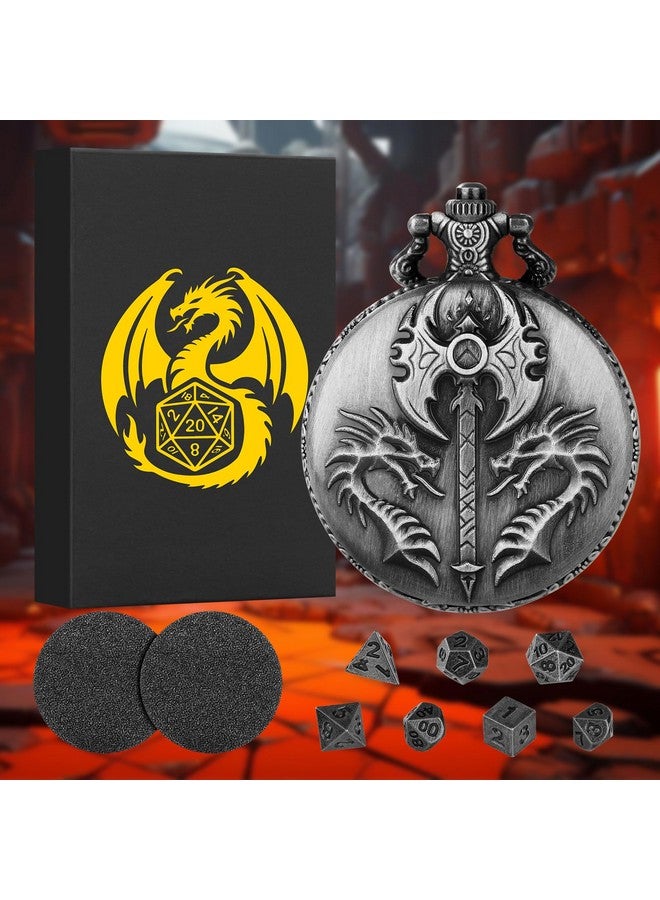 Keller & Weber Mini DND Dice Set with Double Headed Dragon(Top Double-Sided Axe) Pocket Watch Case, 7-PCS Polyhedral Metal D&D Dice, DND Gifts with Gift Box, Role Playing Game Board Game Accessories Dice, Silver - Image 2