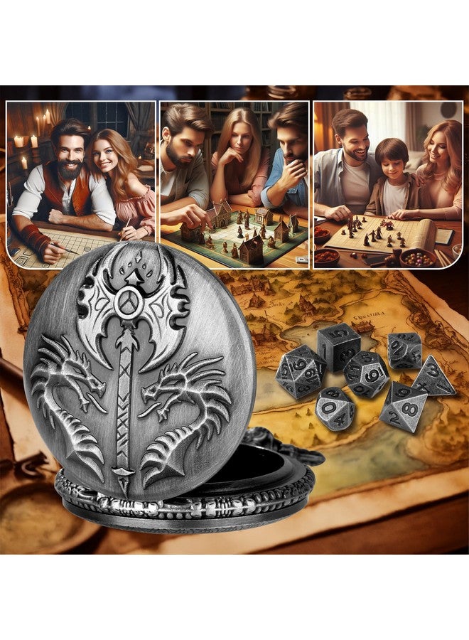 Keller & Weber Mini DND Dice Set with Double Headed Dragon(Top Double-Sided Axe) Pocket Watch Case, 7-PCS Polyhedral Metal D&D Dice, DND Gifts with Gift Box, Role Playing Game Board Game Accessories Dice, Silver - Image 4