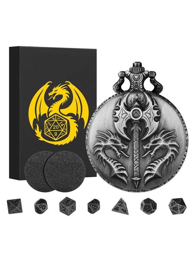Keller & Weber Mini DND Dice Set with Double Headed Dragon(Top Double-Sided Axe) Pocket Watch Case, 7-PCS Polyhedral Metal D&D Dice, DND Gifts with Gift Box, Role Playing Game Board Game Accessories Dice, Silver - Image 1