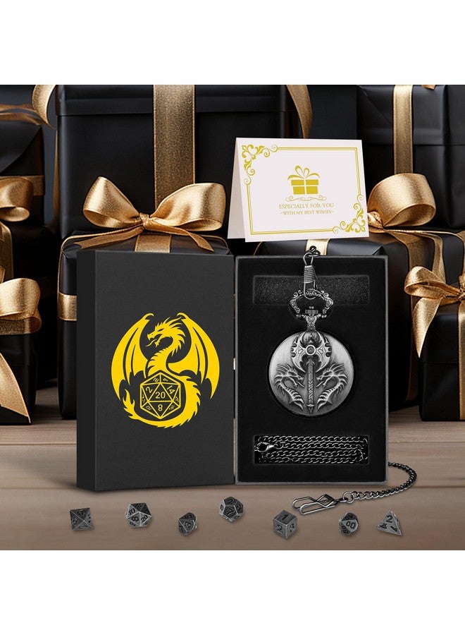 Keller & Weber Mini DND Dice Set with Double Headed Dragon(Top Double-Sided Axe) Pocket Watch Case, 7-PCS Polyhedral Metal D&D Dice, DND Gifts with Gift Box, Role Playing Game Board Game Accessories Dice, Silver - Image 3
