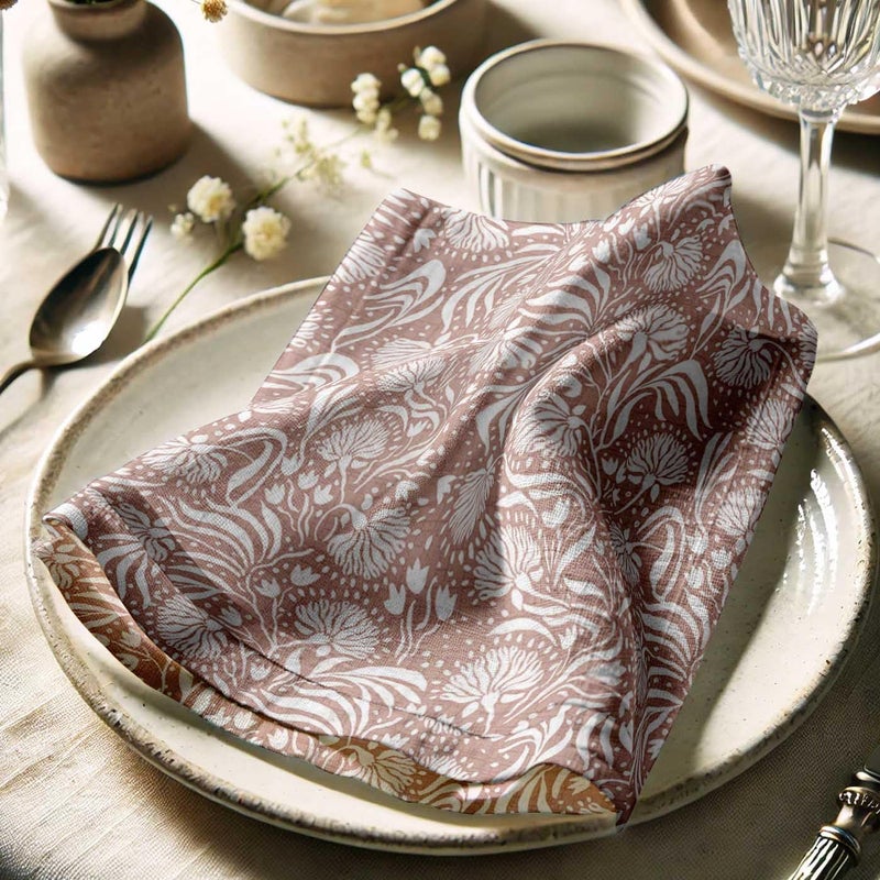 Vargottam Meadow Thistle Brown Cotton Muslin Napkins - Set of 12, 20x20 Inches, Taupe with White Floral, Ideal for Spring and Summer Gatherings, Parties, and Everyday Use - Machine Washable - Image 3