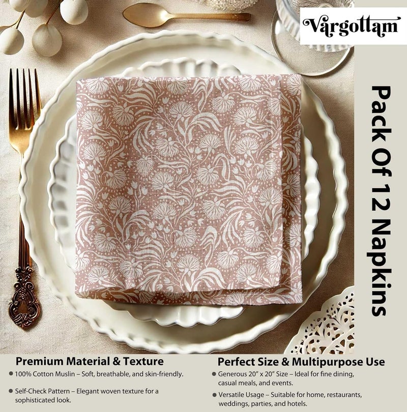 Vargottam Meadow Thistle Brown Cotton Muslin Napkins - Set of 12, 20x20 Inches, Taupe with White Floral, Ideal for Spring and Summer Gatherings, Parties, and Everyday Use - Machine Washable - Image 4