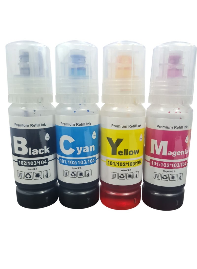103 ink set four color For Epson 103 Black,Cyan,Yellow,Magenta Work with L1100,L1200,L3100,L3110,L3150,L3160,L3200,L3500,L5100,L5200,L5500 Printers.  - Image 1