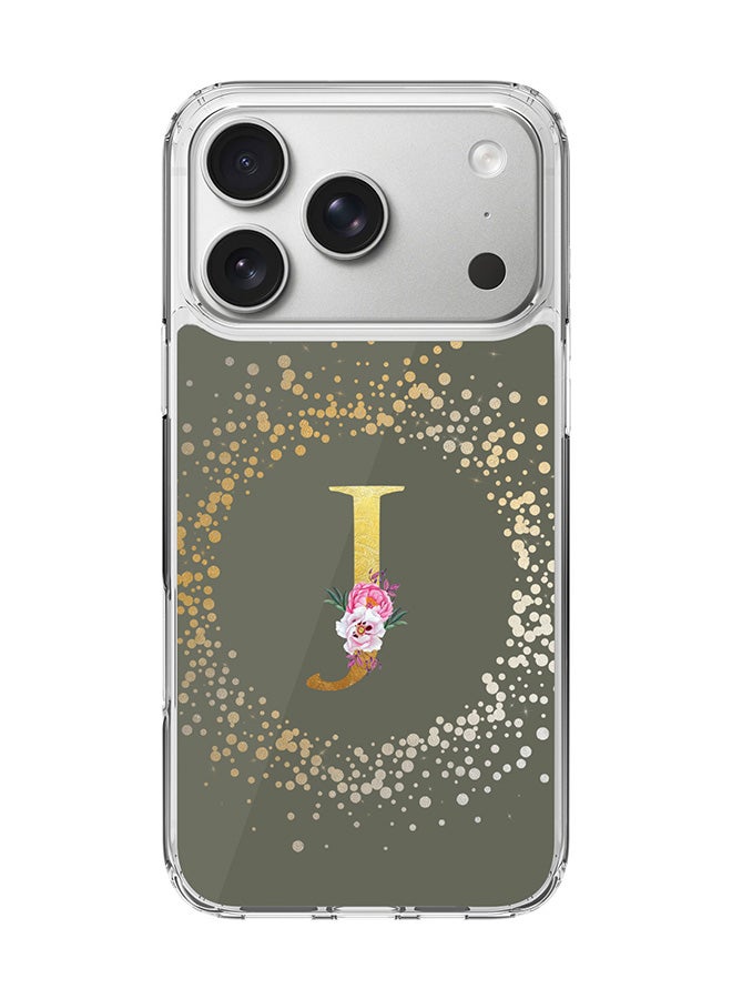Stylizedd Classic Clear MagSafe Case for iPhone 17 Pro , Hybrid Soft Case Flexible Edges Anti Drop TPU PC Gel Thin Transparent Cover [ Designed for iPhone 17 Pro ] - Custom Monogram Initial Letter Floral Pattern Alphabet - J  (Olive Green )
