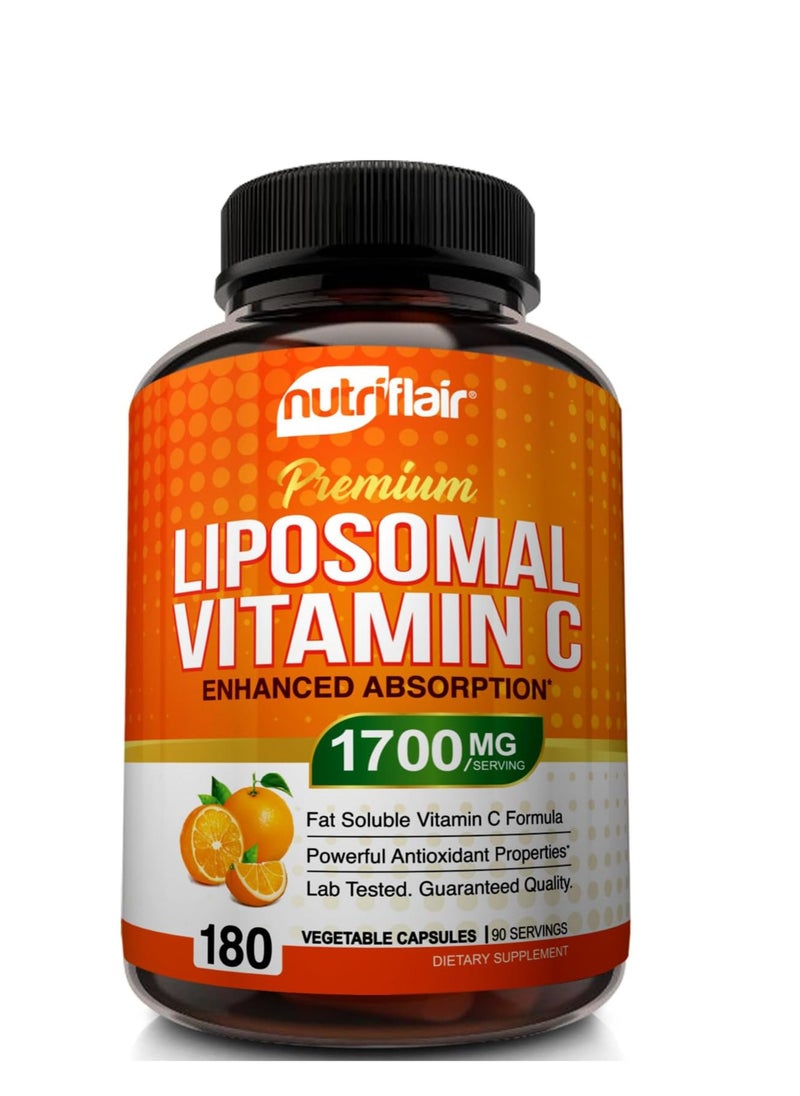 NutriFlair Liposomal Vitamin C 1700mg, 180 Capsules - High Absorption, Fat Soluble VIT C, Antioxidant Supplement, Higher Bioavailability Immune System Support & Collagen Booster, Non-GMO, Vegan Pills 