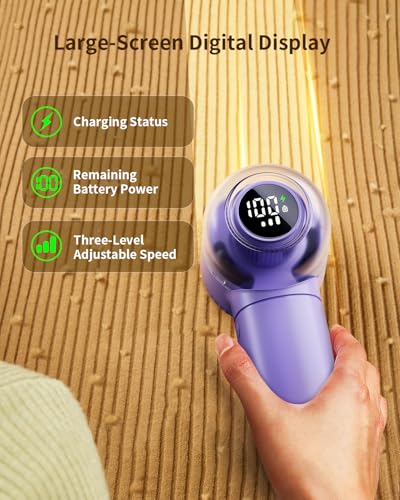 coldSky Fabric Shaver, 𝟮 𝗶𝗻 𝟭 Lint Remover with Brush, 1200mAh Sweater Shaver with Digital Display,3 Speeds Lint Shaver, 6-Leaf Blades Lint Remover for Clothes, Sofa, Bedding,Purple - Image 4