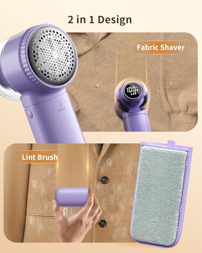 coldSky Fabric Shaver, 𝟮 𝗶𝗻 𝟭 Lint Remover with Brush, 1200mAh Sweater Shaver with Digital Display,3 Speeds Lint Shaver, 6-Leaf Blades Lint Remover for Clothes, Sofa, Bedding,Purple - Image 3