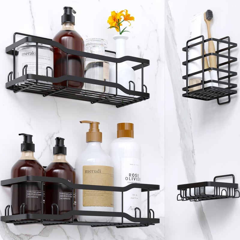 Tribal Cooking Shower Caddy Bathroom Shelves  The Athena Silken Black 4 Set  40LB Capacity  Adhesive Tape - No Drill-Rustproof -Gorgeous Powder Coated 304 Stainless Steel Shower Organizer for kitchen and Home Decor - Image 1