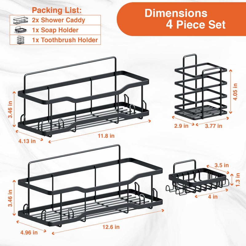Tribal Cooking Shower Caddy Bathroom Shelves  The Athena Silken Black 4 Set  40LB Capacity  Adhesive Tape - No Drill-Rustproof -Gorgeous Powder Coated 304 Stainless Steel Shower Organizer for kitchen and Home Decor - Image 3