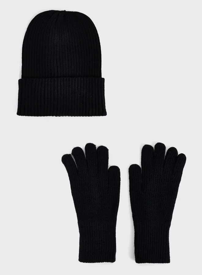 Ginger Turn Up Ribbed Winter Beanie & Glove Set