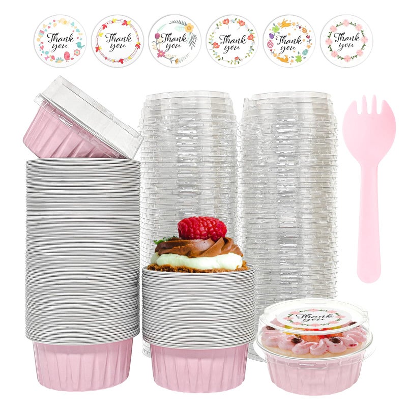 QZV 100 PCS Aluminium Foil Baking Cups, Mini Cake Pans with Lids and 100 PCS Spoons, 5 oz Disposable Baking Cups Foil Ramekins For Party Birthday Wedding Valentines (Pink) - Image 1