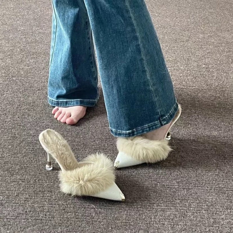 Mao Mao High Heel Slippers Women'S Winter Outer Wear Fleece-Lined Pointed Half-Slip Online Popular Winter Slippers Ins High Heel - Image 1