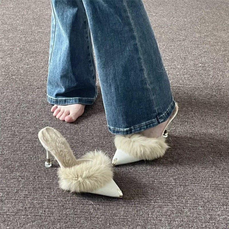 Mao Mao High Heel Slippers Women'S Winter Outer Wear Fleece-Lined Pointed Half-Slip Online Popular Winter Slippers Ins High Heel - Image 5