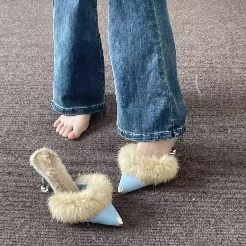 Mao Mao High Heel Slippers Women'S Winter Outer Wear Fleece-Lined Pointed Half-Slip Online Popular Winter Slippers Ins High Heel - Image 4