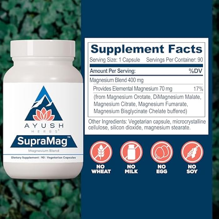 Ayush Herbs أيّوش هيربس سوبرا ماج - مزيج الماغنيسيوم، مكمل معقد 400mg ماغنيسيوم مع ماغنيسيوم بيسجليسينات، سترات، أورورات للنوم، الطاقة، وصحة الدماغ - 90 حصة - Image 3