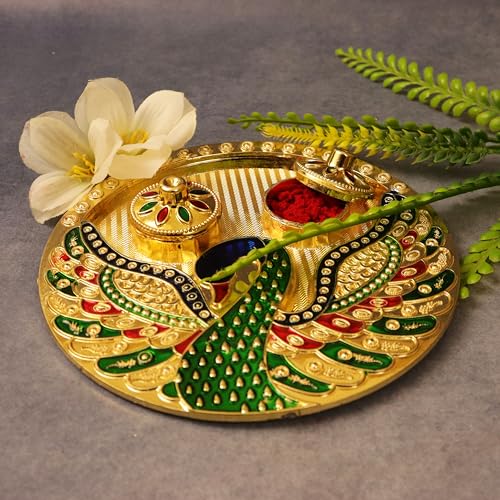 Putrika Traditional Handcrafted Gold Plated Plastic Thali Haldi kumkum Chandhan Holder Plate with Lid for Pooja|Worship - Meenakari Peacock Plate (Single Peacock) - Image 4