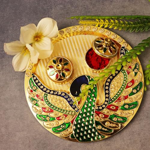 Putrika Traditional Handcrafted Gold Plated Plastic Thali Haldi kumkum Chandhan Holder Plate with Lid for Pooja|Worship - Meenakari Peacock Plate (Single Peacock) - Image 2