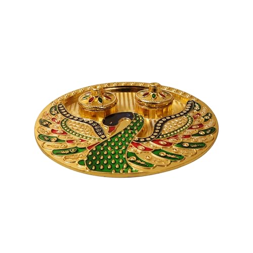 Putrika Traditional Handcrafted Gold Plated Plastic Thali Haldi kumkum Chandhan Holder Plate with Lid for Pooja|Worship - Meenakari Peacock Plate (Single Peacock) - Image 5
