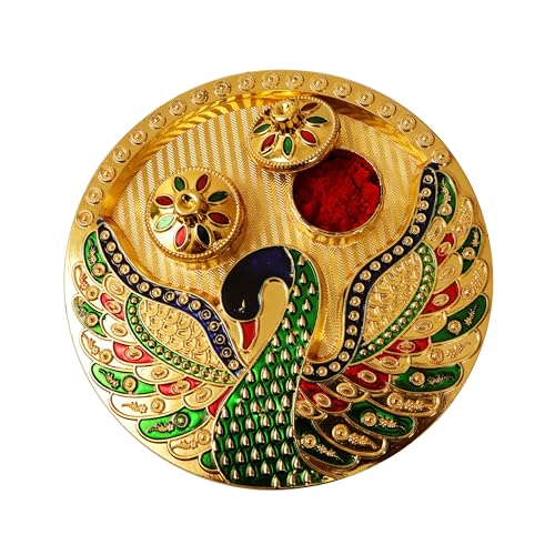 Putrika Traditional Handcrafted Gold Plated Plastic Thali Haldi kumkum Chandhan Holder Plate with Lid for Pooja|Worship - Meenakari Peacock Plate (Single Peacock) - Image 1