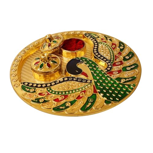Putrika Traditional Handcrafted Gold Plated Plastic Thali Haldi kumkum Chandhan Holder Plate with Lid for Pooja|Worship - Meenakari Peacock Plate (Single Peacock) - Image 3