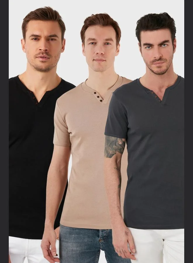 Buratti Cotton Button Detailed Slim Fit V-Neck 3-Pack T-Shirt Men's T-SHIRT 5902122S3