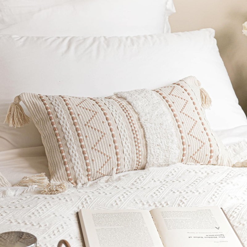 BlissBlush 12x20 Lumbar Pillow Cover Cream Neutral Rectangular Decorative Cushion Cover Boho Accent Pillowcase with Tufted Details and Tassels for Couch Sofa Living Room Cover Only