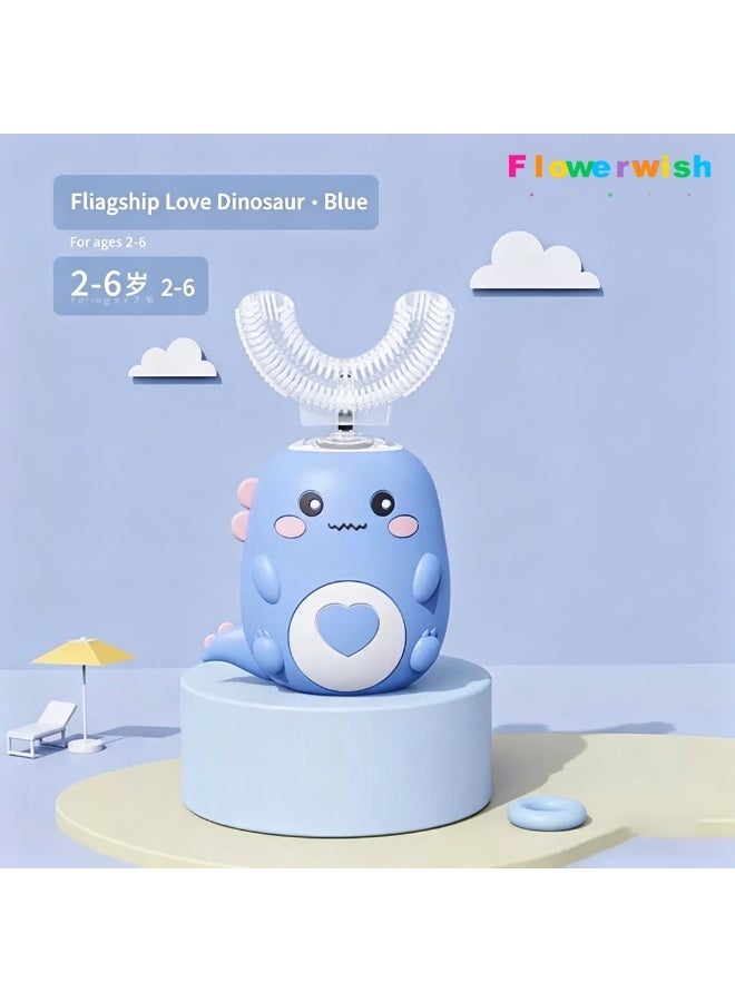 Flowerwish Kids U Shaped Electric Toothbrush, 360° Sonic Automatic Toothbrush with 3 Cleaning Modes, IPX7 Waterproof Cartoon Dinosaur Design (Blue) - Image 1