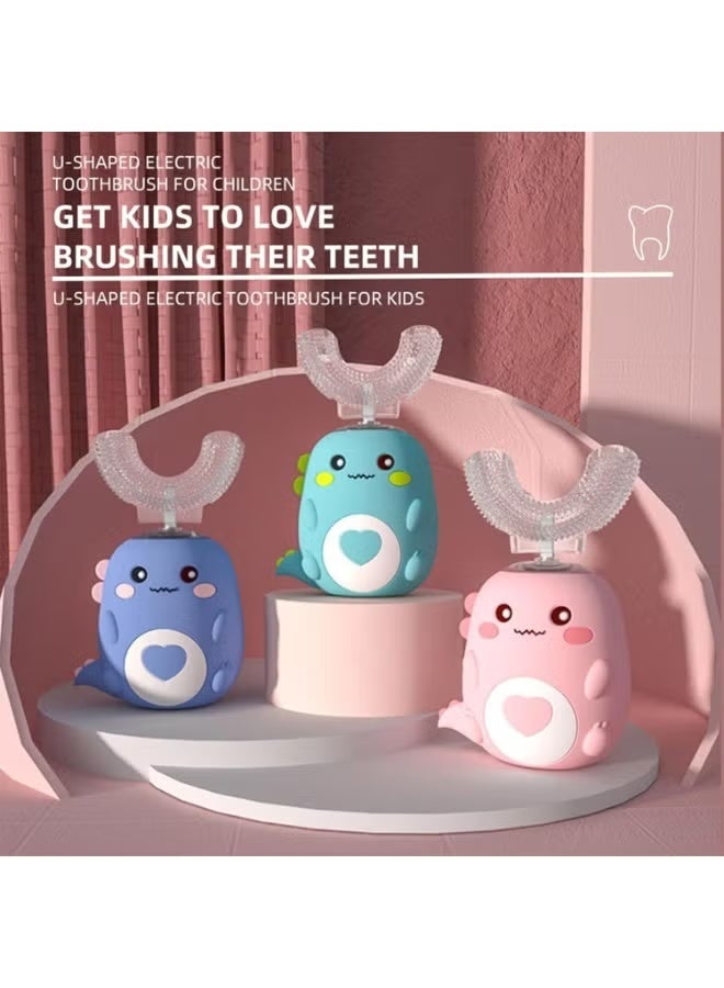 Flowerwish Kids U Shaped Electric Toothbrush, 360° Sonic Automatic Toothbrush with 3 Cleaning Modes, IPX7 Waterproof Cartoon Dinosaur Design (Blue) - Image 2