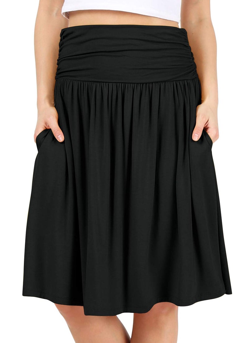 Simlu Black Skirts for Women - Knee Length High Waisted Flowy Aline Pocket Skirt (Size Large, Black) - Image 1