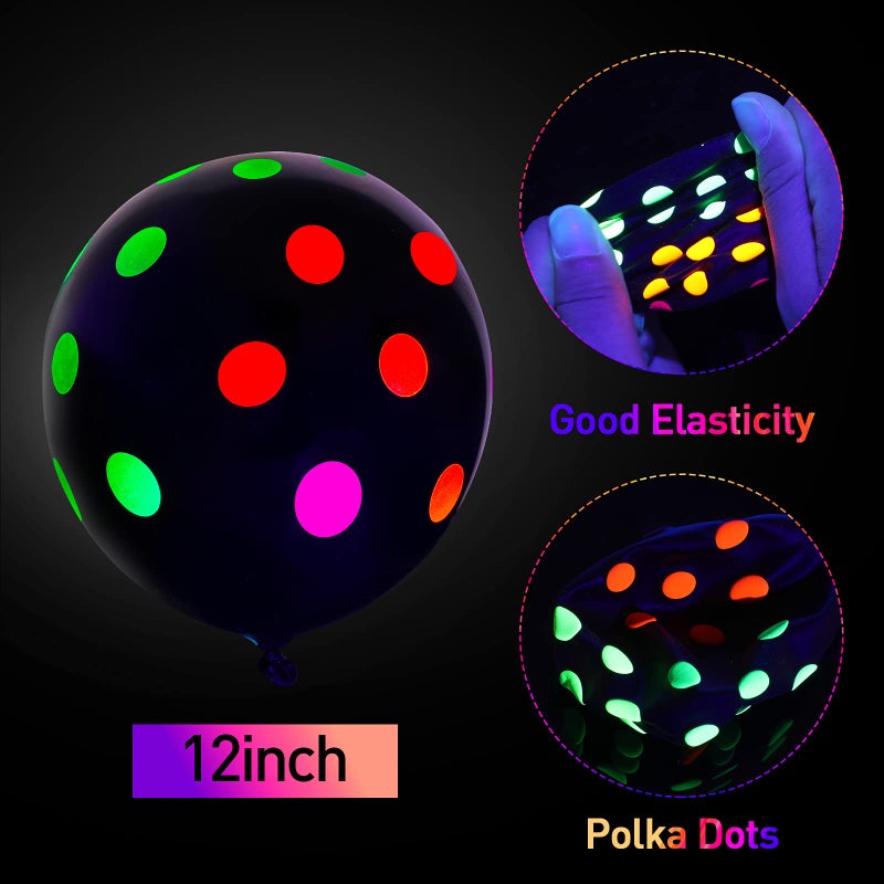 Skylety 50 Pcs 12 Inch Neon Glow Balloons Glow in the Dark Party Supplies UV Polka Dot Blacklight Fluorescent Balloons for Birthday Wedding Neon Party Decorations Supplies - Image 5