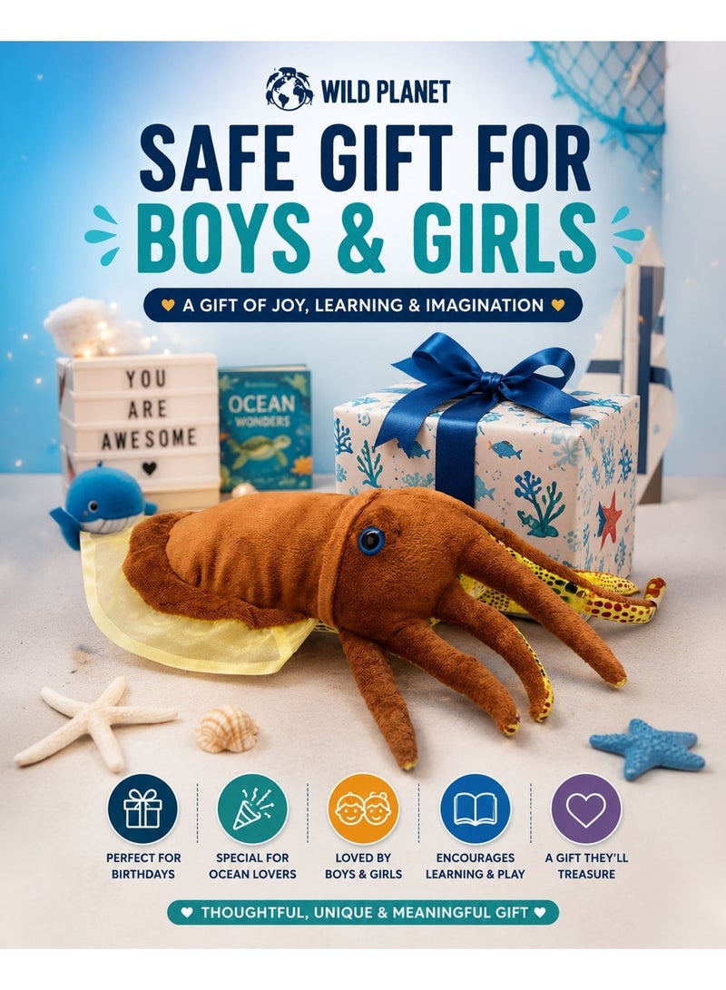 Wild Planet Cuttlefish Plush Toy 35cm Soft Marine Sea Animal Stuffed Plush Doll Educational Ocean Creature Toy Realistic Cuddly Squid Plush Pillow Gift for Boys Girls Kids Toddlers Marine Life Lovers - Image 4