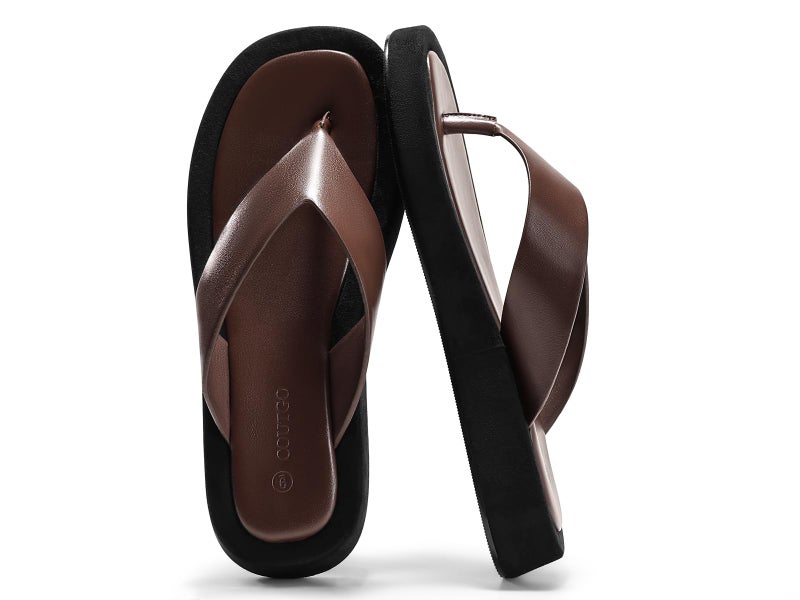 Coutgo Womens Platform Flip Flops Open Toe Slides Flat Sandals Thong Summer Beach Vacation Shoes, Coffee, size 8 - Image 1