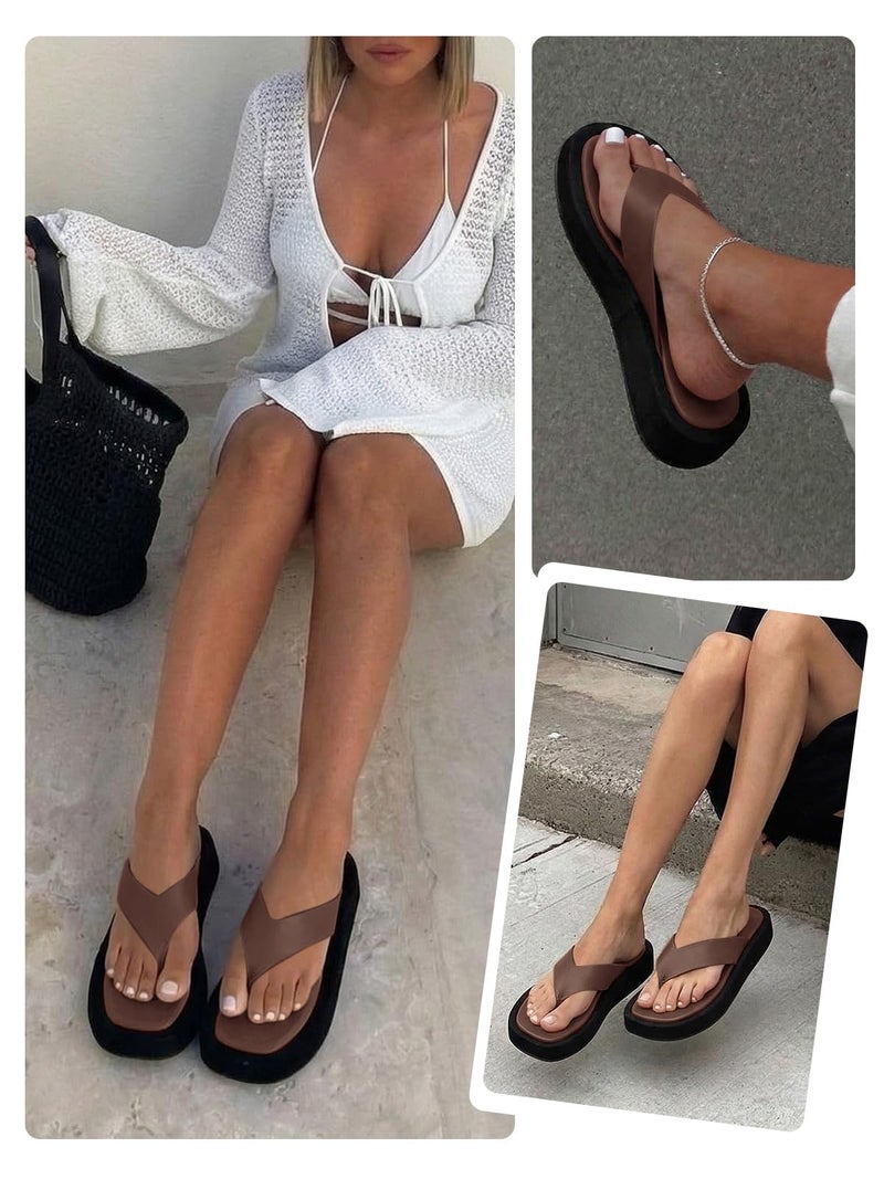 Coutgo Womens Platform Flip Flops Open Toe Slides Flat Sandals Thong Summer Beach Vacation Shoes, Coffee, size 8 - Image 5