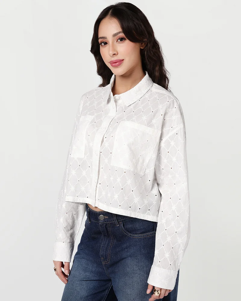بيواكوف Women's White Embroidered Oversized Crop Shirt