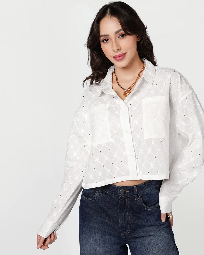 Women's White Embroidered Oversized Crop Shirt