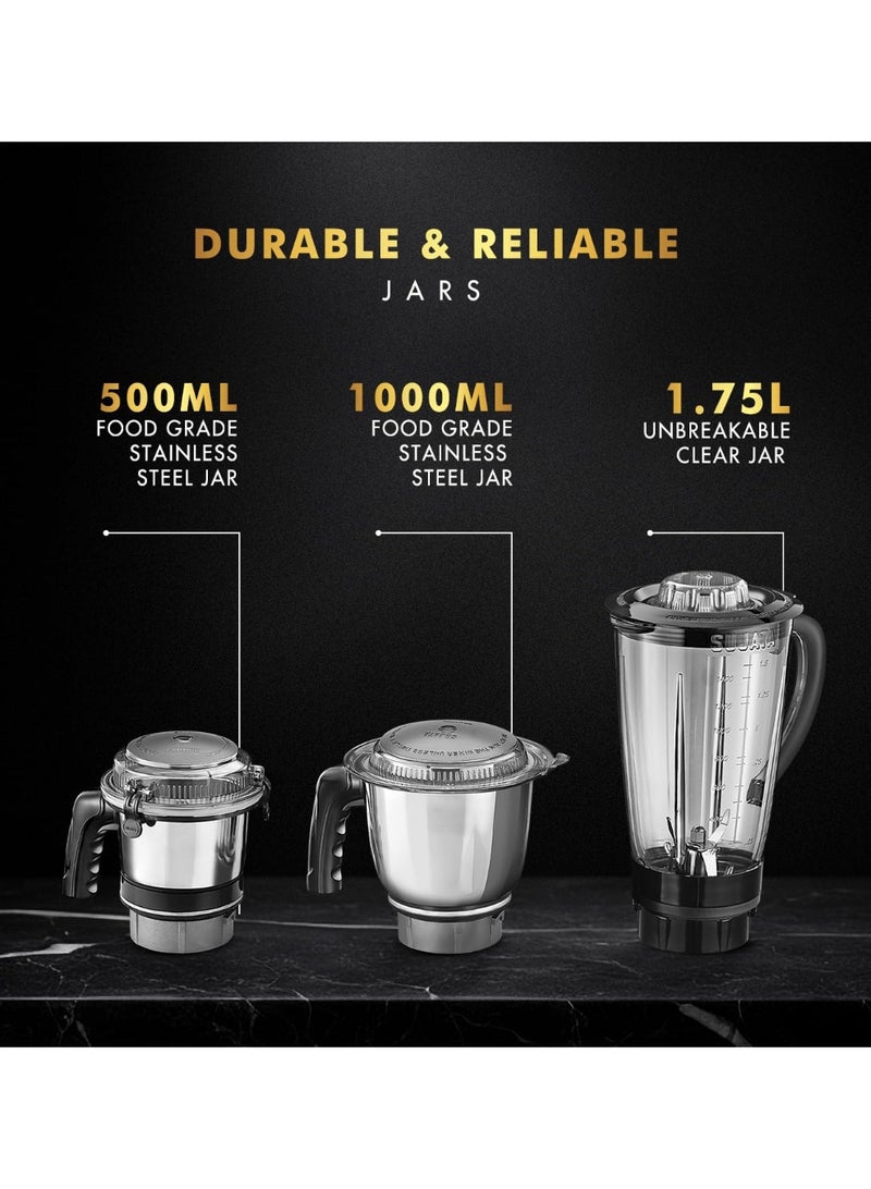 سوجاتا Sujata MG01 Mixer Grinder|1000 Watts Double Ball Bearing Motor|25000 RPM| Non-Stop 90 Mins Running|3 Jars including 1750ml Blender, 1000ml Grinder, 500ml Chutney Jar| (Black) - Image 5