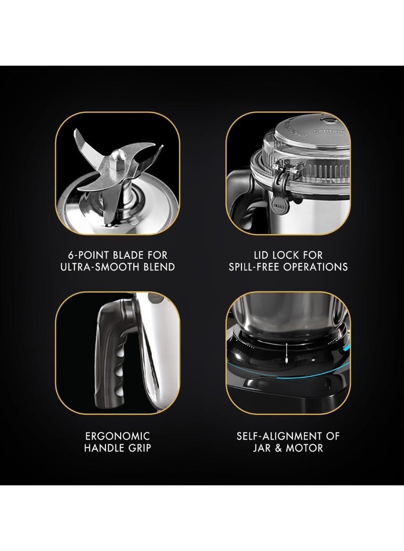 سوجاتا Sujata MG01 Mixer Grinder|1000 Watts Double Ball Bearing Motor|25000 RPM| Non-Stop 90 Mins Running|3 Jars including 1750ml Blender, 1000ml Grinder, 500ml Chutney Jar| (Black) - Image 2