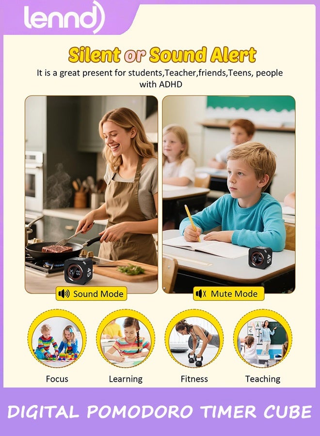 LENND Digital Pomodoro Timer Cube 5/10/25/45min, Visual Productivity Flip Timer for Kids Classroom Desk, Custom Countdown, Silent and Sound Mode for ADHD Study Work Game Kitche - Image 5