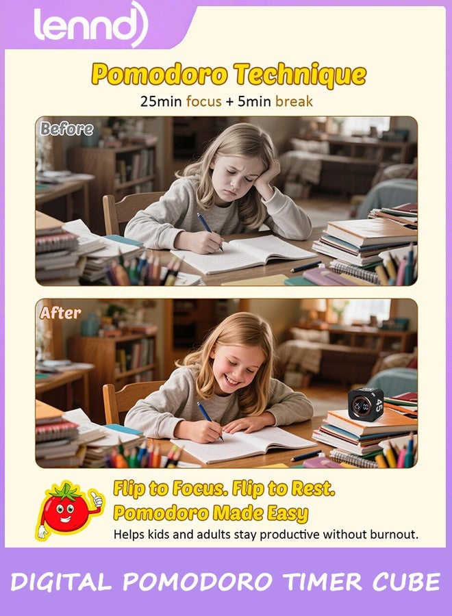 LENND Digital Pomodoro Timer Cube 5/10/25/45min, Visual Productivity Flip Timer for Kids Classroom Desk, Custom Countdown, Silent and Sound Mode for ADHD Study Work Game Kitche - Image 3