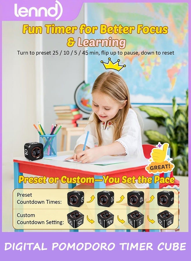 LENND Digital Pomodoro Timer Cube 5/10/25/45min, Visual Productivity Flip Timer for Kids Classroom Desk, Custom Countdown, Silent and Sound Mode for ADHD Study Work Game Kitche - Image 2