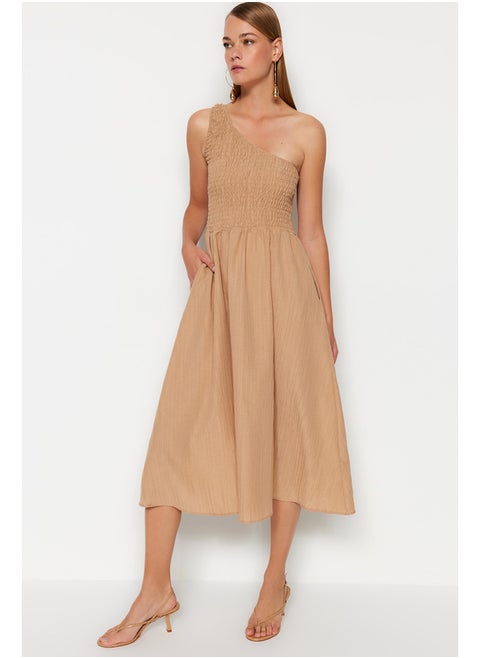 Camel Waist Opening Top Size Gipeli One Shoulder Midi Woven Dress TWOSS23EL01830