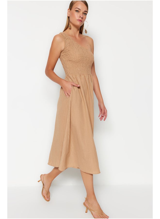 trendyol - Camel Waist Opening Top Size Gipeli One Shoulder Midi Woven Dress TWOSS23EL01830 - Image 1