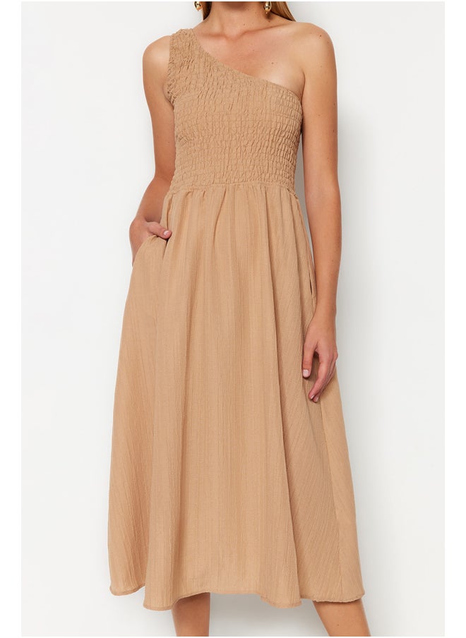 trendyol - Camel Waist Opening Top Size Gipeli One Shoulder Midi Woven Dress TWOSS23EL01830 - Image 1