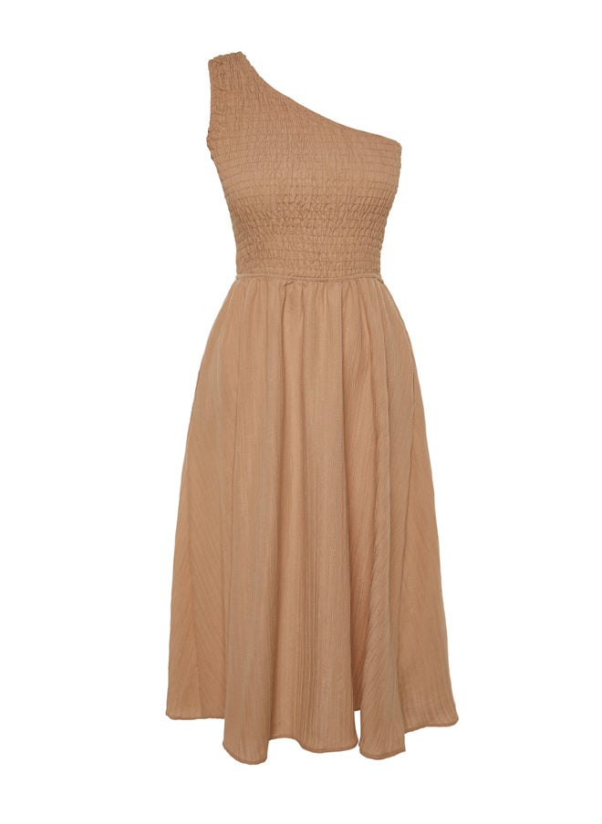 trendyol - Camel Waist Opening Top Size Gipeli One Shoulder Midi Woven Dress TWOSS23EL01830 - Image 1