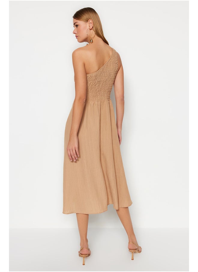trendyol - Camel Waist Opening Top Size Gipeli One Shoulder Midi Woven Dress TWOSS23EL01830 - Image 1