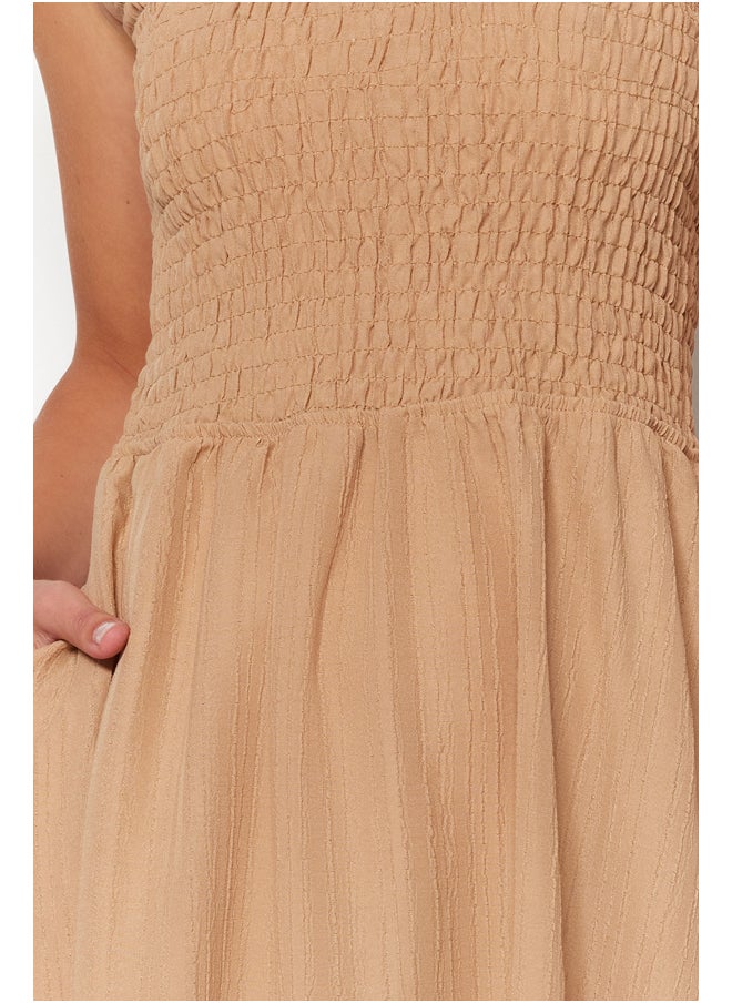 trendyol - Camel Waist Opening Top Size Gipeli One Shoulder Midi Woven Dress TWOSS23EL01830 - Image 1