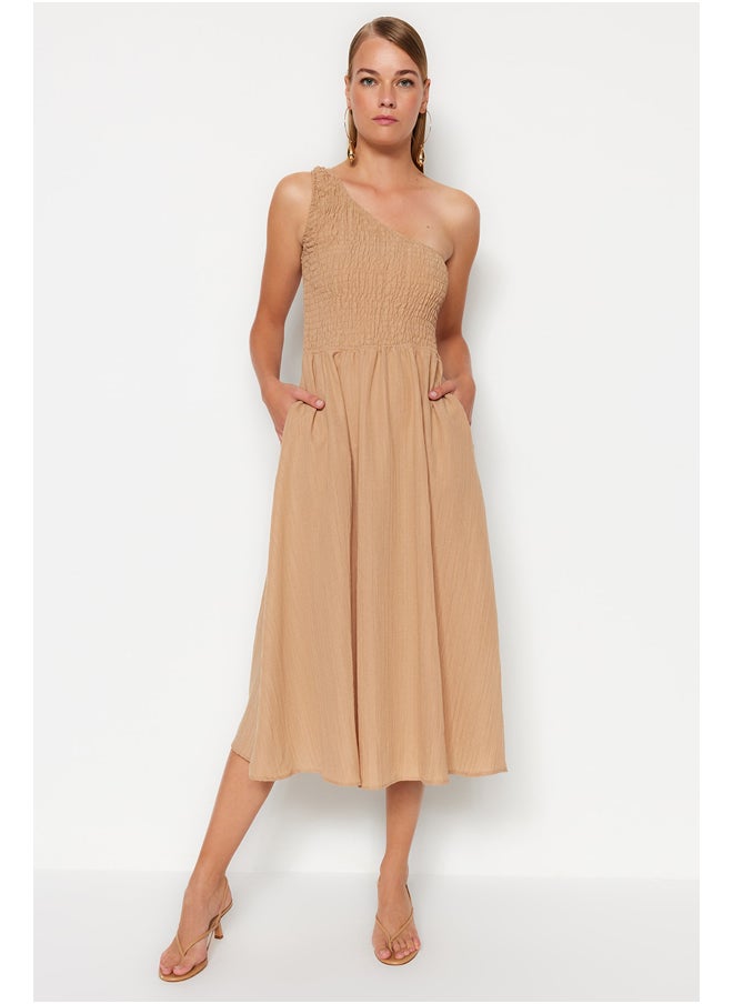 trendyol - Camel Waist Opening Top Size Gipeli One Shoulder Midi Woven Dress TWOSS23EL01830 - Image 1