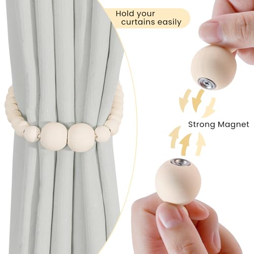KLOGTSIND Magnetic Curtain Tiebacks, 4 Pack Curtain Holdbacks for Draperies, Wood Bead Curtain Tiebacks, Elegant Curtain Tie Backs for Bedroom Decor, Boho Room Decor, Nursery Decor, Farmhouse Decor - Image 2